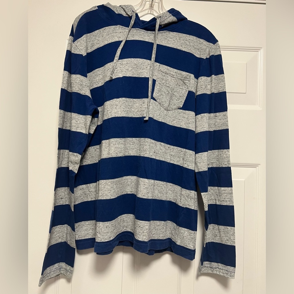 Aeropostale NYC Gray Blue Striped Hoodie With Pocket Long Sleeve Shirt Size LG